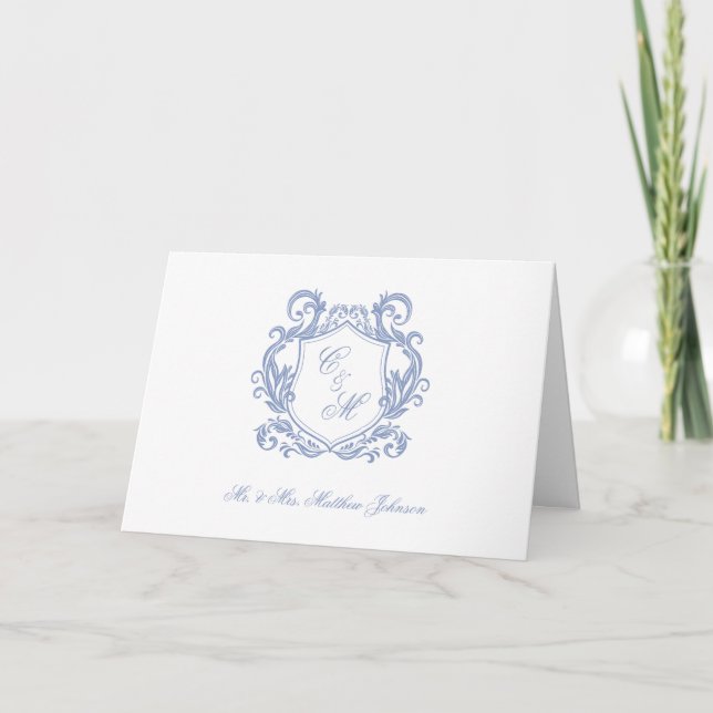 Tarjeta De Agradecimiento Elegante Boda Escudo de Monograma Azul Dusty (Anverso)