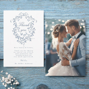 Tarjeta De Agradecimiento Elegante Boda Escudo floral azul francés foto