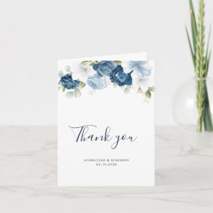 Tarjeta De Agradecimiento Elegante Boda Floral Acuarela Azul Polvoriento