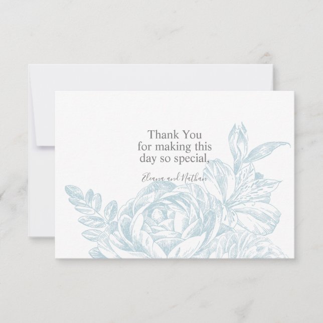 Tarjeta De Agradecimiento Elegante Boda floral azul blanco (Anverso)