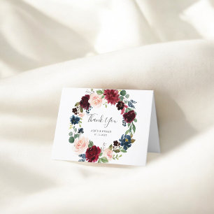 Tarjeta De Agradecimiento Elegante Boda Floral Azul De Borgoña Y Marina