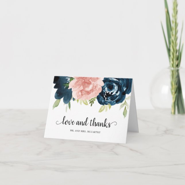 Tarjeta De Agradecimiento Elegante Boda floral azul de la Marina Rosa de Rub (Anverso)