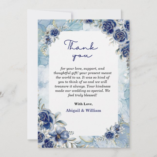 Tarjeta De Agradecimiento Elegante Boda Floral Azul Gracias Cartas Planas (Anverso)