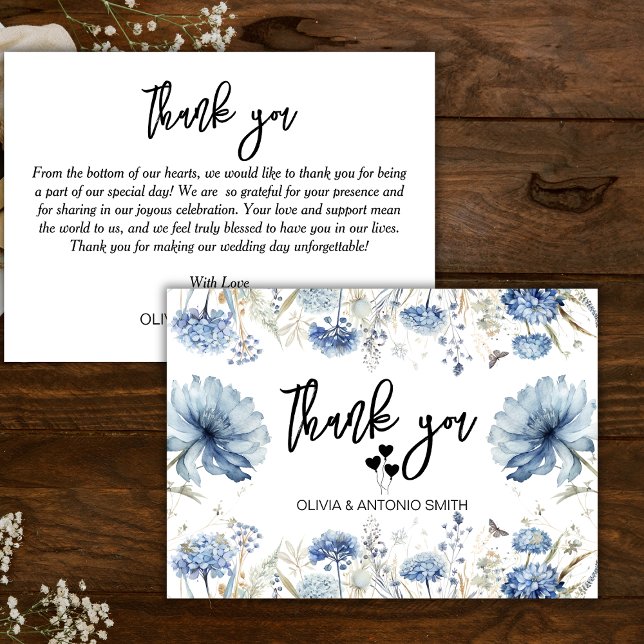 Tarjeta De Agradecimiento Elegante Boda floral azul moderno (Subido por el creador)