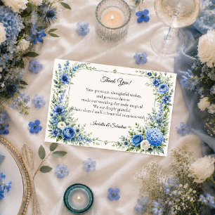 Tarjeta De Agradecimiento Elegante Boda Floral Azul Polvoriento