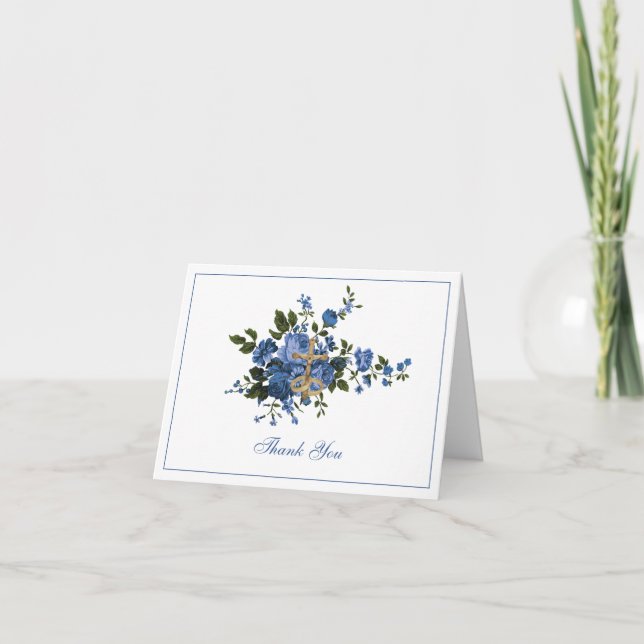 Tarjeta De Agradecimiento Elegante Boda Floral Azul Religiosa (Anverso)