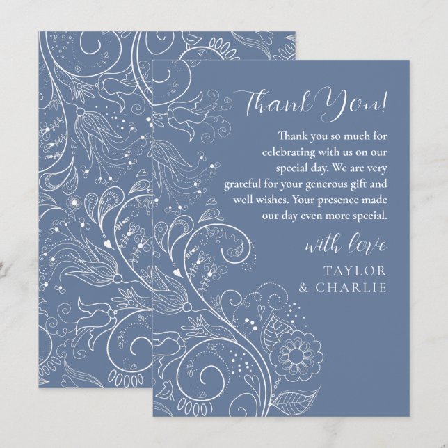Tarjeta De Agradecimiento Elegante Boda floral azul turbio (Anverso / Reverso)