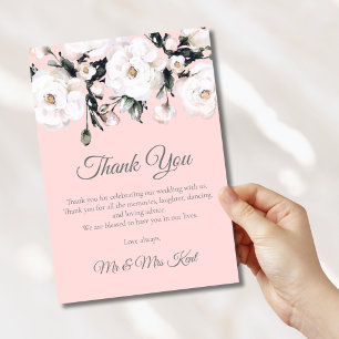 Tarjeta De Agradecimiento Elegante Boda floral blanco rosado