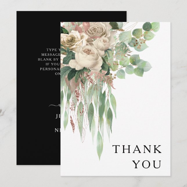 Tarjeta De Agradecimiento Elegante Boda Floral Blanco Y Negro (Anverso / Reverso)
