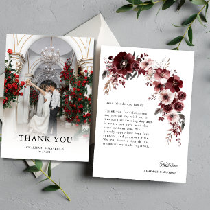 Tarjeta De Agradecimiento Elegante Boda Floral Borgoña Fotografía
