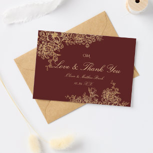 Tarjeta De Agradecimiento Elegante Boda floral Borgoña & Gold Garden