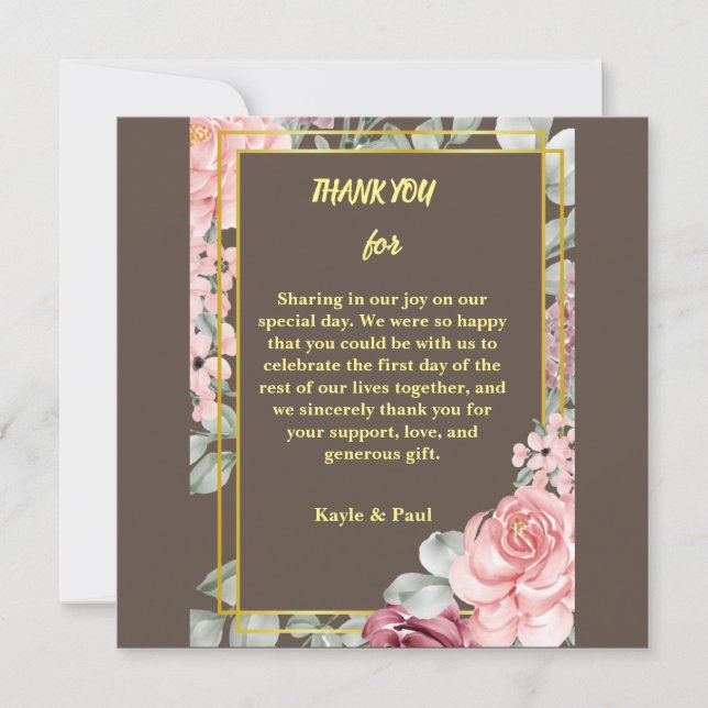 Tarjeta De Agradecimiento Elegante Boda floral Borgoña Rosa Rubor (Anverso)