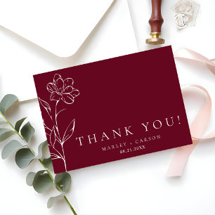 Tarjeta De Agradecimiento Elegante Boda Floral Burgundy Dibujada con Estilo