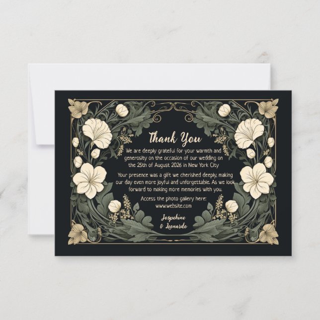Tarjeta De Agradecimiento Elegante Boda floral de Art Nouveau oscuro gracias (Anverso)