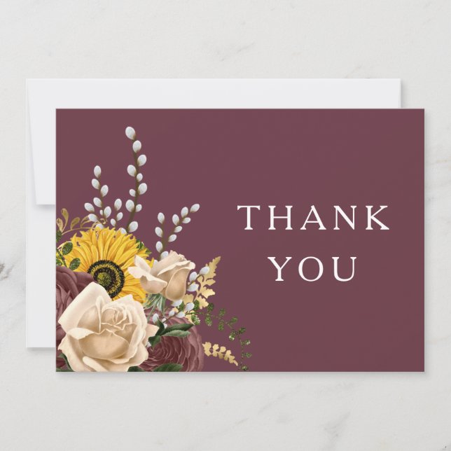 Tarjeta De Agradecimiento Elegante Boda floral de Borgoña (Anverso)