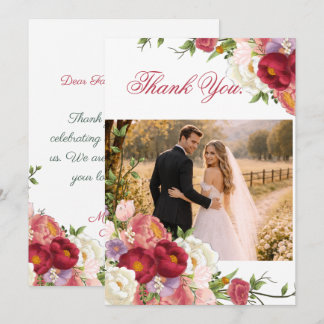 Tarjeta De Agradecimiento Elegante Boda Floral de Borgoña y Rubor Carmesí