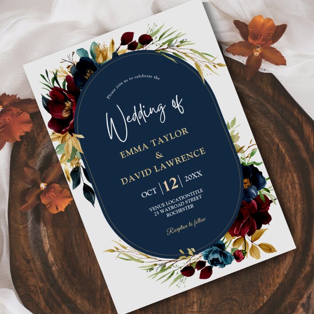 Tarjeta De Agradecimiento Elegante boda floral de color azul marino y burgun (Subido por el creador)