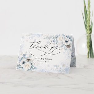 Tarjeta De Agradecimiento Elegante Boda Floral de Invierno en Azul Polvorien