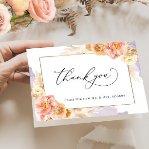 Tarjeta De Agradecimiento Elegante boda floral de melocotón rosa y púrpura