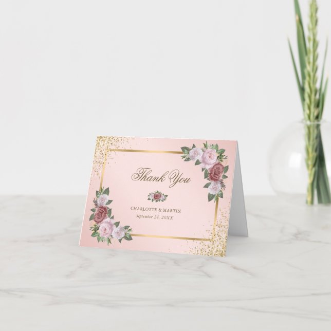 Tarjeta De Agradecimiento Elegante Boda floral de oro rosado de Rubor (Anverso)
