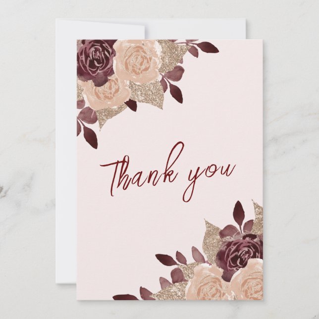 Tarjeta De Agradecimiento Elegante Boda floral de Purpurina rosa borgoñona (Anverso)