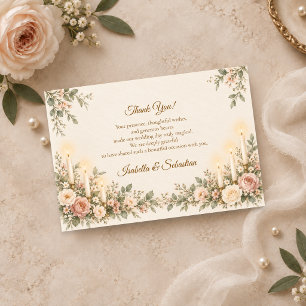 Tarjeta De Agradecimiento Elegante Boda Floral de Rosa Claro con Velas