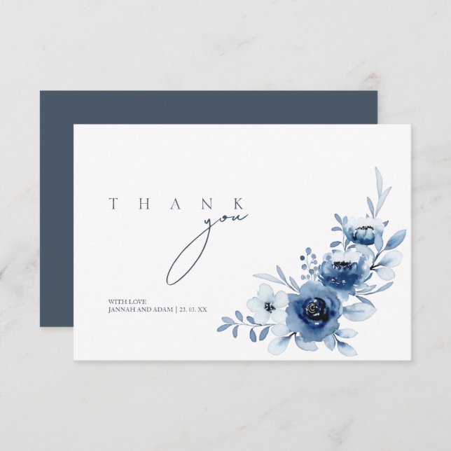Tarjeta De Agradecimiento Elegante Boda floral de Rosas azules reales (Anverso / Reverso)