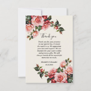 Tarjeta De Agradecimiento Elegante boda floral de rosas rosas rosas y rojas