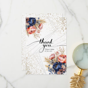 Tarjeta De Agradecimiento Elegante Boda floral de Rubor rosa azul de la mari