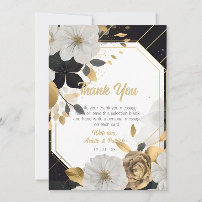 Tarjeta De Agradecimiento Elegante Boda floral dorado blanco marco negro (Anverso)