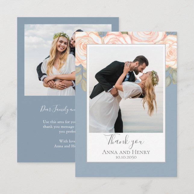 Tarjeta De Agradecimiento Elegante Boda floral Dusty Blue Photo Gracias (Anverso / Reverso)