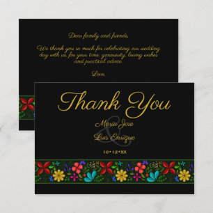 Tarjeta De Agradecimiento Elegante Boda floral folclórico latino de oro negr