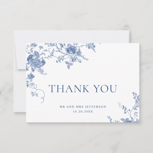 Tarjeta De Agradecimiento Elegante Boda floral francés azul victoriano (Anverso)