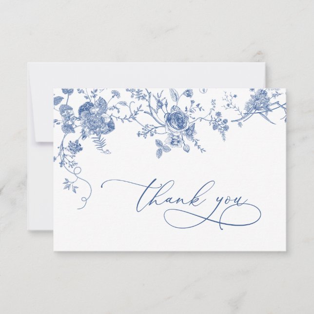 Tarjeta De Agradecimiento Elegante Boda floral francés azul victoriano (Anverso)