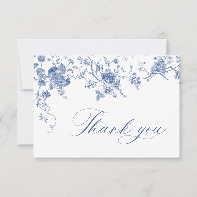 Tarjeta De Agradecimiento Elegante Boda floral francés azul victoriano (Anverso)