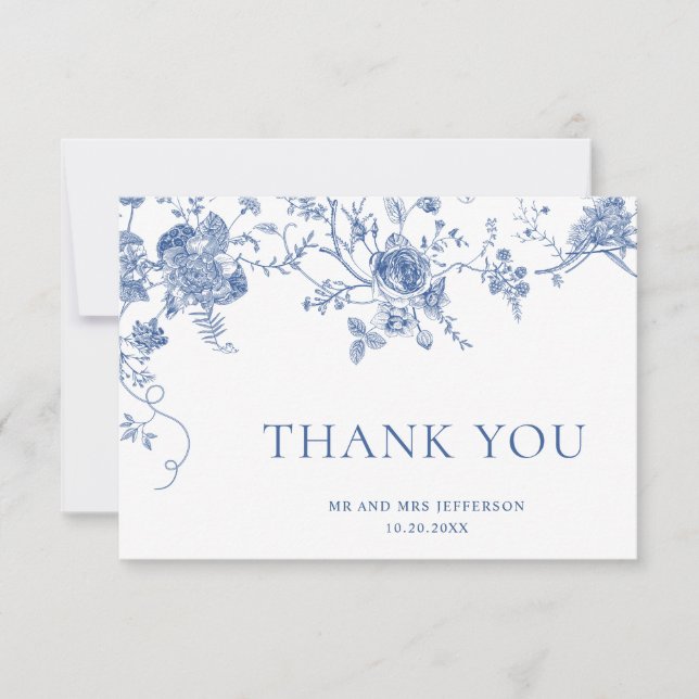 Tarjeta De Agradecimiento Elegante Boda floral francés azul victoriano (Anverso)