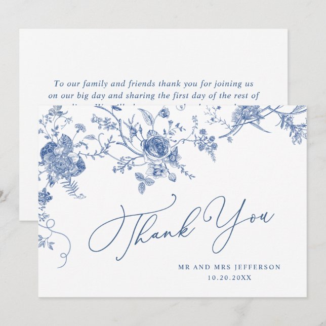Tarjeta De Agradecimiento Elegante Boda floral francés azul victoriano (Anverso / Reverso)