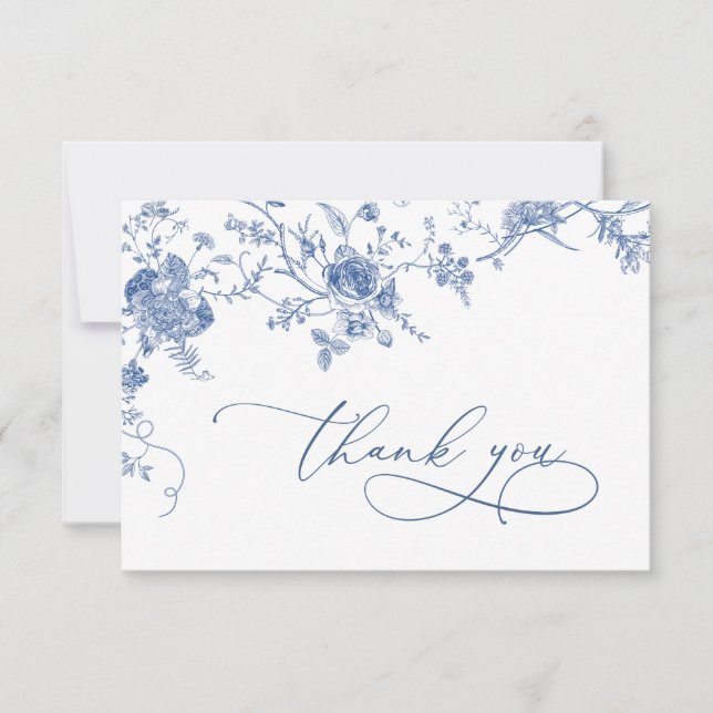 Tarjeta De Agradecimiento Elegante Boda floral francés azul victoriano (Anverso)