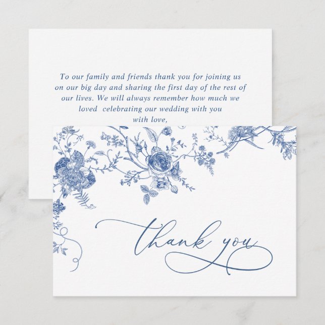 Tarjeta De Agradecimiento Elegante Boda floral francés azul victoriano (Anverso / Reverso)