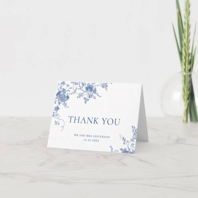 Tarjeta De Agradecimiento Elegante Boda floral francés azul victoriano (Anverso)