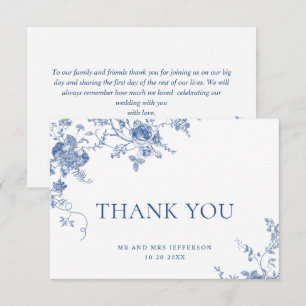 Tarjeta De Agradecimiento Elegante boda floral francesa azul victoriana