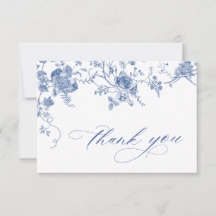 Tarjeta De Agradecimiento Elegante boda floral francesa azul victoriana
