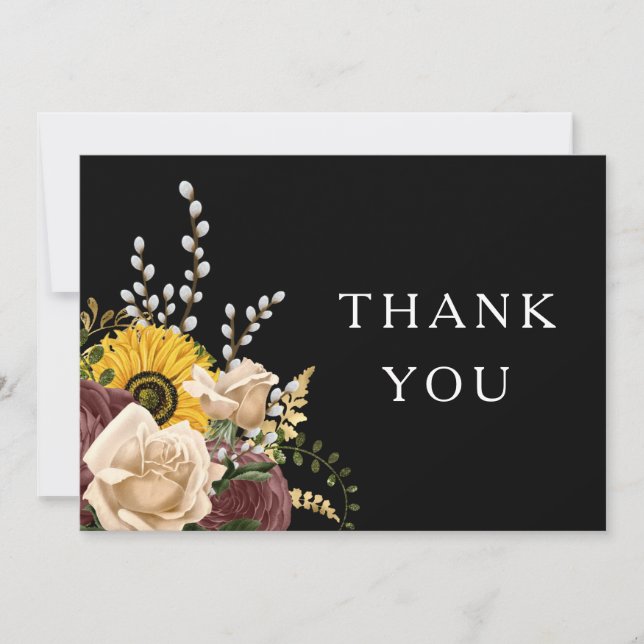 Tarjeta De Agradecimiento Elegante Boda floral negro (Anverso)