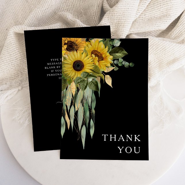 Tarjeta De Agradecimiento Elegante Boda floral negro (Floral Sunflower Eucalyptus Black Wedding Thank You Card)
