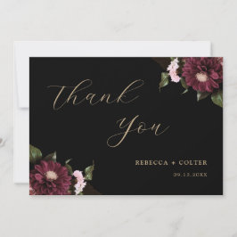 Tarjeta De Agradecimiento Elegante Boda floral negro de Borgoña