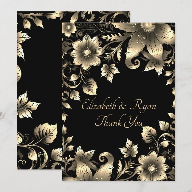 Tarjeta De Agradecimiento Elegante Boda floral negro y dorado (Anverso / Reverso)