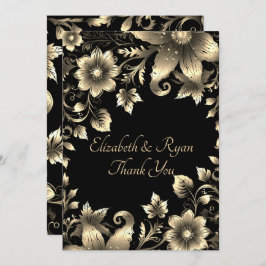 Tarjeta De Agradecimiento Elegante Boda floral negro y dorado