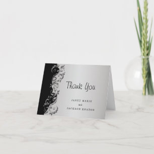 Tarjeta De Agradecimiento Elegante Boda floral negro y plateado gracias