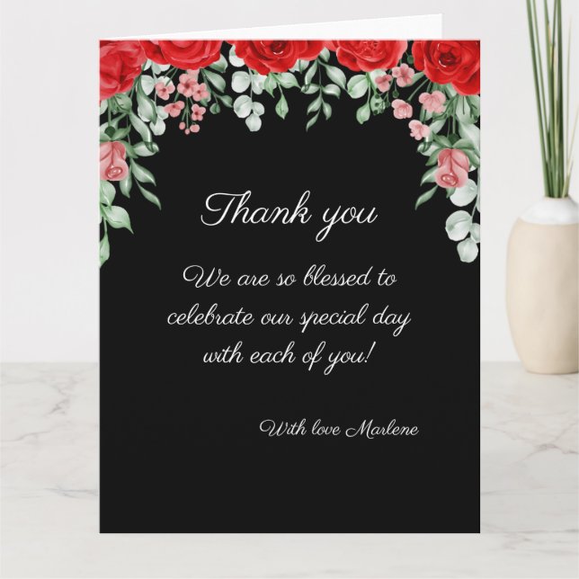 Tarjeta De Agradecimiento Elegante Boda floral negro y rojo (Anverso)