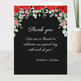 Tarjeta De Agradecimiento Elegante Boda floral negro y rojo